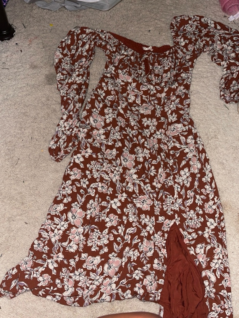 Altar'd State Rust Floral Midi Dress with Pink and White Blooms